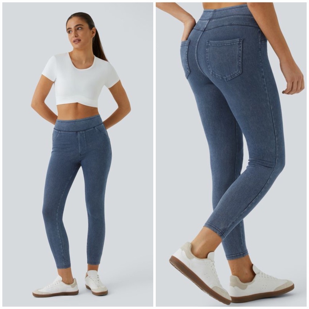 Halara Flex High Waisted Knit Denim Blue Legging Pockets Womens Sz S NWT